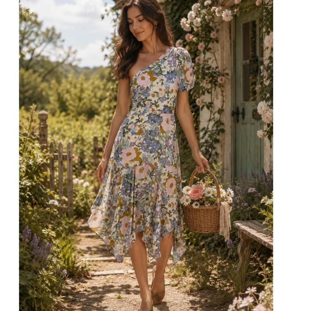 ASTR the Label One Shoulder Floral Ruffle High Low Dress Off White Retro M